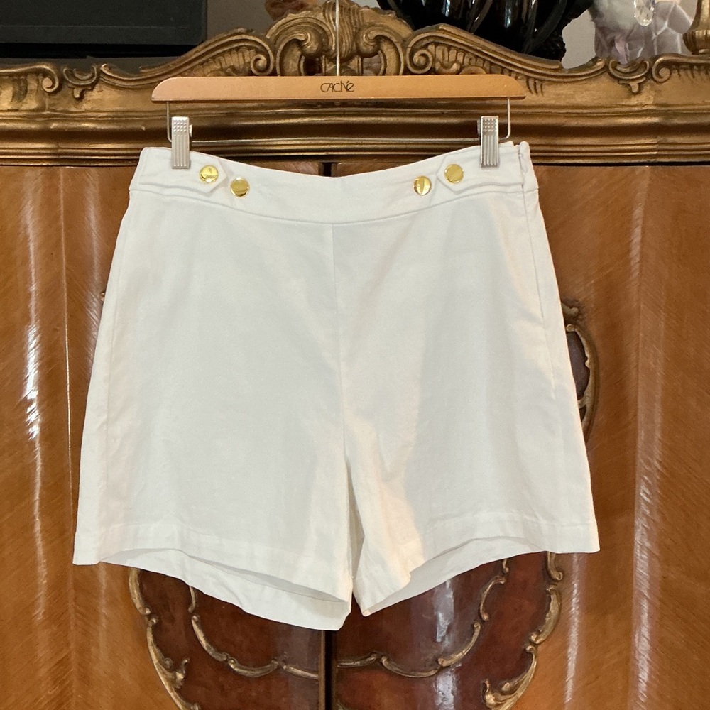INC International Concepts White High-Rise Shorts with Gold Buttons